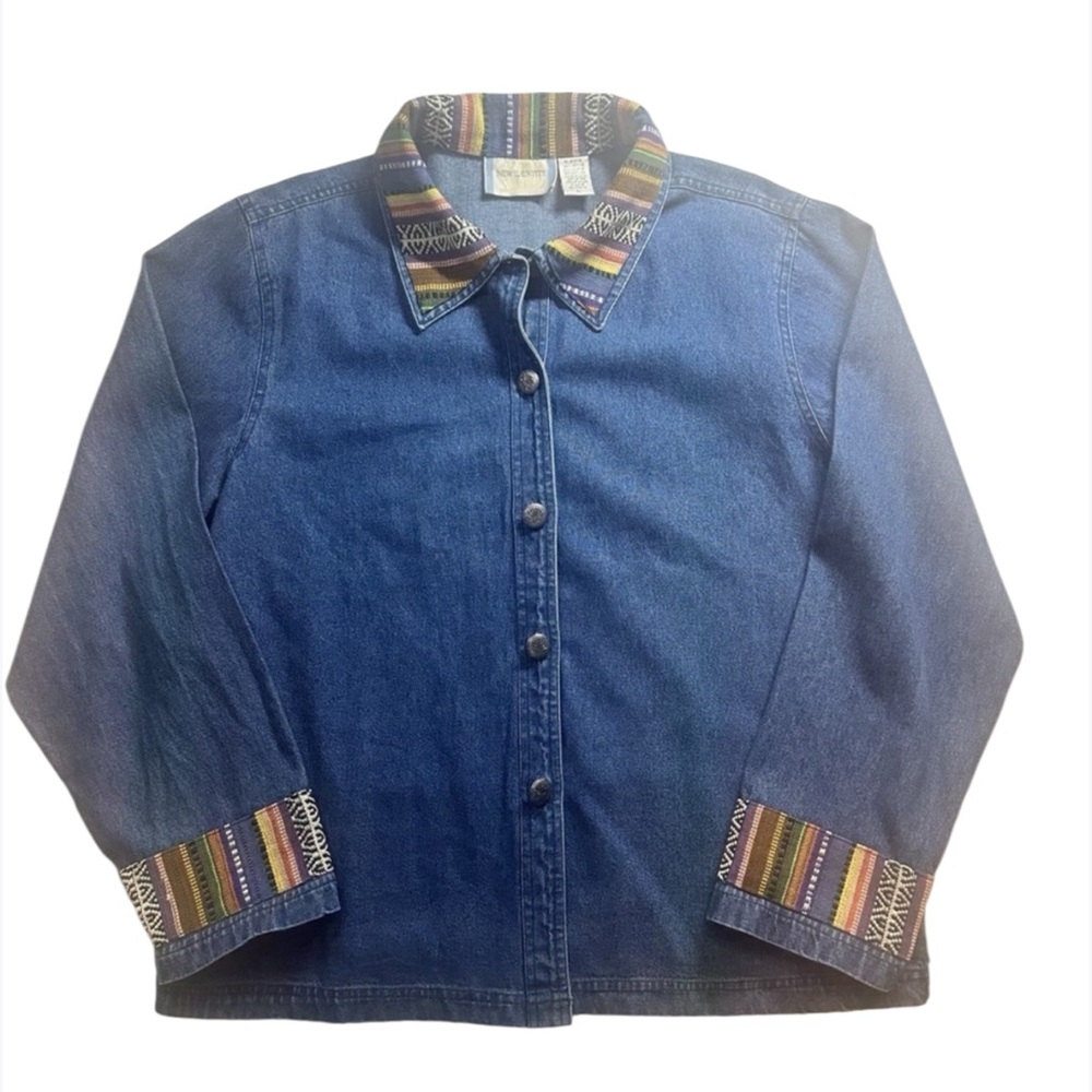 New Identity Women's Large Denim‎ Jacket Colorful Southwest Boho Embroidery